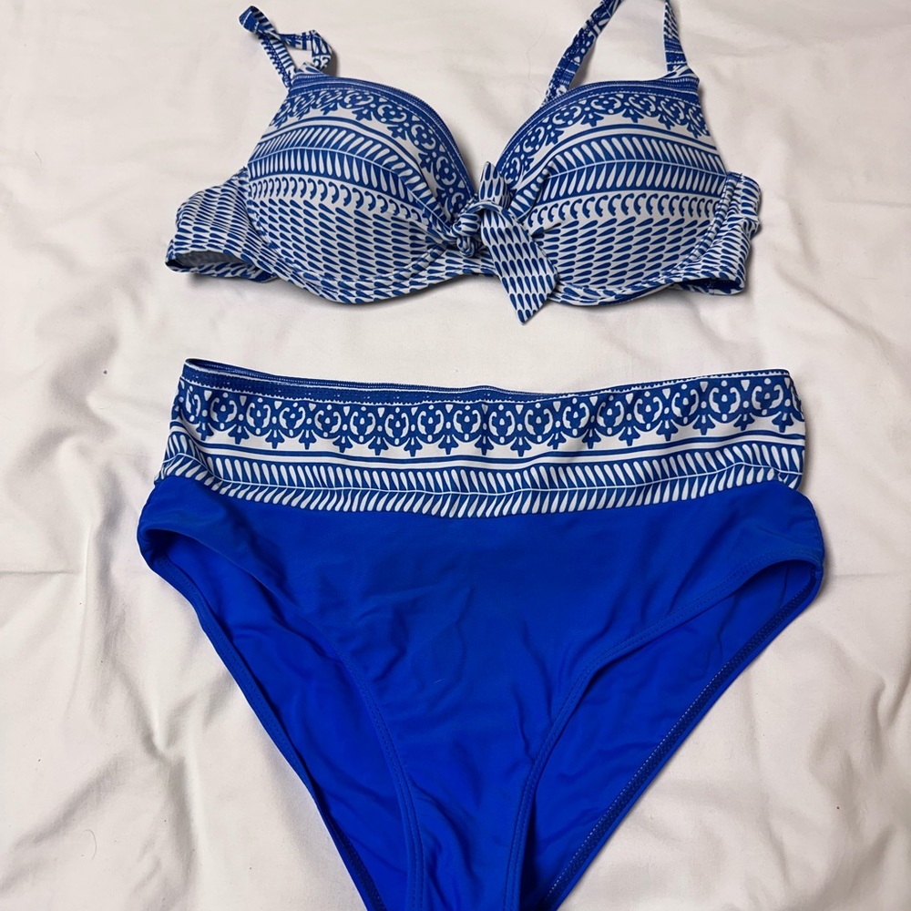 High Waisted Blue and White Bikini Set